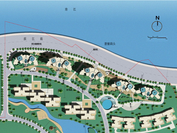 建筑沿江面作折线处理,以争取更大的临江景观面.